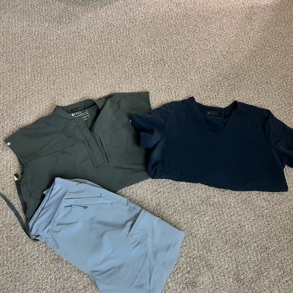 Figs Women's Scrub Set - Gray Top, Navy Top, Light Blue-Grey Pants